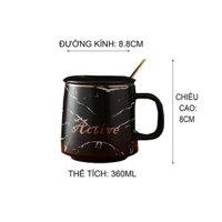 Coc uong nuoc thuy tinh, Ly nuoc co nap, cute tết sang trọng kèm muỗng và nắp sứ 360ml - Đen