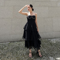 COCO SIN - Đầm Ren 2 Dây Tầng Đen Đính Đá