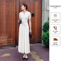 COCOMAY Đầm maxi cổ đức sọc gân dọc cổ sơ mi phong cách Parisian thanh lịch Trắng - Đen  Nữ