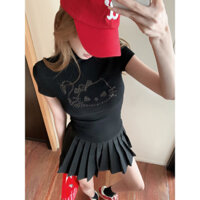 Cocorygirl Gợi Cảm Slim "Hello Kitty" Mũi Khoan Nửa Cổ Cao Tay Ngắn Áo Thun Nữ Quần Áo Y2k Croptop
