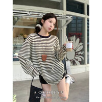 Cocorygirl Quần áo nữ Hàn Quốc Áo thun dài tay sọc đen trắng mùa thu