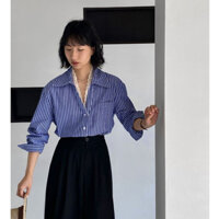 Cocorygirl Quần áo nữ Hàn Quốc Thời trang ren chắp vá áo sơ mi sọc xanh trắng