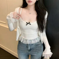 Cocorygirl Quần áo nữ Hàn Quốc Áo ren ren ren nơ trắng sành điệu