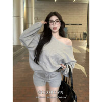 Cocorygirl Quần áo nữ Hàn Quốc Áo nỉ dài tay lệch vai màu xám & áo khoác hoodie