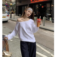 Cocorygirl Thời trang Quần áo Hàn Quốc Áo thun dài tay lệch vai màu xám sành điệu dành cho nữ