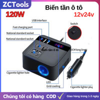 COD-Bộ chuyển đổi điện 12v sang 220v cho ô tô,biến tần ô tô 120W DC 12V/24V sang AC 220V,3 cổng USB có sạc nhanh