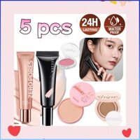 ⚡⚡COD Bộ mỹ phẩm kết hợp 5 sản phẩm gồm kem nền dạng lỏng + phấn phủ + phấn má hồng dạng bột + kem che khuyết điểm + đệm khí, chống thấm nước và mồ hôi, lâu trôi