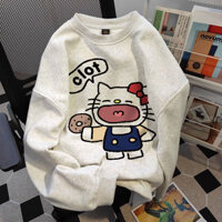 COD✅ (Vận chuyển 24 giờ)TR Áo sweater nữ form rộng xám tiêu dễ thương Hello Kitty áo nỉ dài tay mùa thu đông