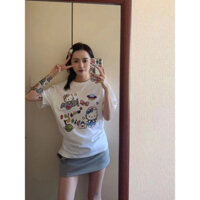 COD✅ (Vận chuyển 24 giờ)TR Thời trang Hàn Quốc quá khổ "Hello Kitty" in vòng cổ áo thun nữ ngắn tay áo hàng đầu