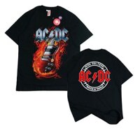 【COD】Ossu Áo thun ACDC Guitar Flame High Voltage Black Washed Sand Washing Tee