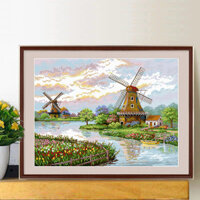 Cối xay gió Hà Lan không thêu đầy đủ đơn giản hiện đại thêu chữ thập tác phẩm nghệ thuật trang trí tường 70x50cm