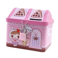 Coin Bank Cartoon Small Cash Box with Key Lock for Desktop Living Room Shelf - pink