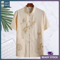 Cold Tangs Phù Hợp Với Hàng Đầu Thêu Rồng Màu Trơn Cổ Tay Ngắn Năm Mới Mặc Siêu Mềm Trung Quốc Kung Fu Cánh Chun May Áo Sơ Mi Nam Quần Áo