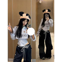 Color-Block Two-Piece Set American Stripes V Trendy Irregular Crop Top Vest Shirt with Unique Design for Women