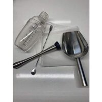 com bo pha chế 5 món siêu hời, 1 lắc 500 ml 1 thìa khuấy 26 cm 1 xúc đá sz trung 1 chày dầm 1 túi lọc trà nhỡ