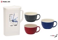 Combo 01 Bình đựng nước nắp bật Pearl Metal Cool Square 2 lít  03 Cốc nhựa giả sứ Yamada Bonheur - Made in Japan - 400ml - Cả 3 màu