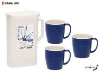 Combo 01 Bình đựng nước nắp bật Pearl Metal Cool Square 2 lít  03 Cốc nhựa giả sứ Yamada Bonheur - Made in Japan - 300ml - Navy