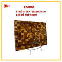 Combo - 01 Thớt gỗ Teak KATANA  35x25x2.5cm và 01 Giá để thớt bằng Inox