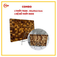 Combo - 01 Thớt gỗ Teak KATANA  30x20x2.5cm và 01 Giá để thớt bằng Inox