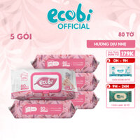 Combo 05 gói khăn ướt cho bé cao cấp Ecobi gói 80 tờ 560g Hương dịu nhẹ không cồn không parabens