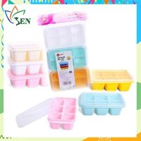 Combo 06 khuôn đá nhựa dẻo cao cấp có nắp đậy chống chuẩn, ngăn bám mùi tủ lạnh