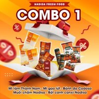 Combo 1: 03 gói Mì Tăm, 02 Gói Mỳ Gạo Lứt, 02 Chai Muối Chấm, Bánh Đa, 03 gói Bột Canh Canxi