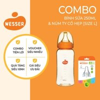 Combo 1 Bình Sữa PPSU Wesser 250ml + 1 Núm Vú Wesser Cổ Hẹp Size L
