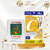 (COMBO 1 THÁNG) L cystine 500mg + Vitamin C DHC hỗ trợ trắng da và giảm rụng tóc, giảm mụn (L cystine 60; Vit C gói 30 n