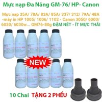 Combo 10 chai mực nạp máy in Canon 2900, 3300, . Hp 1020, (Mực nạp 12A/303-GM76-80g) siêu đậm nét đẹp TẶNG 2 PHỂU