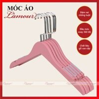 Combo 10 móc gỗ treo quần áo cho nữ - đầu tròn, màu hồng, có đệm chống trơn tuột