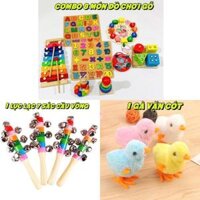 COMBO 10 MON đồ chơi montesori cho bé phát triển trí tuệ gồm 8 món đồ chơi gỗ, lục lạc cầm tay và 1 gà vặn cót