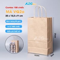 Combo 100 chiếc túi giấy Kraft nâu, trơn có quai mã VQ2a đựng quà tặng, thực phẩm có thể in theo yêu cầu
