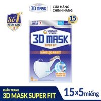Combo 15 gói Khẩu trang ngăn khói bụi Unicharm 3D Mask Super Fit size M (Ngăn được bụi mịn PM10) gói 5 miếng