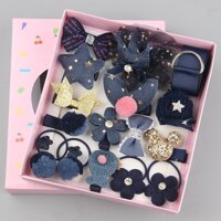 Combo 18 món Buộc tóc kèm kẹp tóc Baby nơ vương miệm thỏ hoa mix style - Xanh navy