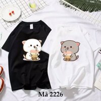 Combo 2 áo - áo đôi áo cặp áo thun đôi áo cặp in hai mèo uống trà sữa