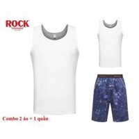 Combo 2 áo thun 3 lỗ không đường may vải cotton 100 ROCK 5076  1 quần Short nam 5047 mạnh mẽ cá tính mặc nhà, tập gym - Xanh dương - L