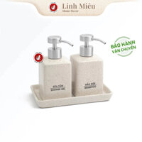 Combo 2 bình sứ đựng dầu gội, sữa tắm vòi inox, kèm khay sứ Bát Tràng cao cấp vuông nhỏ (300ml)