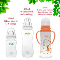 Combo 2 bình sữa pur comfort feeder 120ml 250ml và 1 bình quai 250ml núm ti bằng silicone mềm rất giống ti mẹ nhưng lại đảm bảo bé không cắn đứt