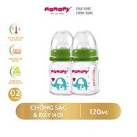 Combo 2 Bình sữa thuỷ tinh chống sặc và đầy hơi Mamamy bảo vệ hệ tiêu hóa cho bé 120ml (size núm ti S/M/L)