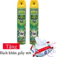 Combo 2 Bình xịt muỗi Falcon Super chai 600ml hương chanh Tặng 1 bịch khăn giấy ướt 80 tờ - diệt côn trùng, kiến, gián