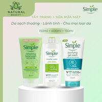 Combo 2 bước dưỡng Simple Nước tẩy trang 400ml, Sữa rửa mặt 150ml cho da nhạy cảm