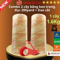 Combo 2 cây băng keo trong, đục 200yard kèm dao cắt băng keo, 1 cây nặng 1.6Kg lõi giấy 5mm, chiều rộng 4,7cm