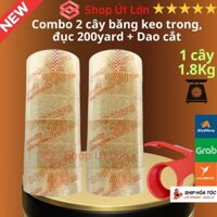 Combo 2 cây băng keo trong, đục 200yard kèm dao cắt băng keo, 1 cây nặng 1kg8 lõi giấy 5mm, chiều rộng 4,7cm - Tân An An