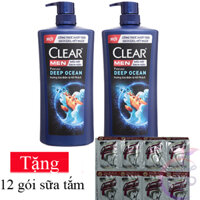 Combo 2 chai Dầu gội đầu Clear Men sạch gàu chai 600g hương Gió Biển & Hổ Phách Tặng 12 gói sữa tắm sáng da - Deep Ocean
