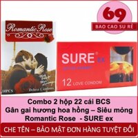 Combo 2 hộp 22 cái bao cao su gân gai hương hoa hồng Romantic Rose và siêu mỏng SURE ex