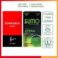 Combo 2 hộp bao cao su Feel hương dâu, Sumo gai nổi 4 in1, bao cao su cao cấp, hộp 12 bao