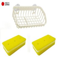 Combo 2 mút rửa xoong nồi 2 mặt thô &amp; mịn cao cấp  giá đựng có núm hít chân không - made in Japan