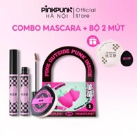 COMBO 2 sản phẩm Mascara+bộ 2 bông mút PinkPunk đánh kem nền phấn phủ bền màu chống nước lâu trôi
