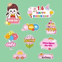Combo 2 set giấy - bé GÁI 2 tay chạm má + bảng xinh gái+bánh sinh nhật 2 tầng.