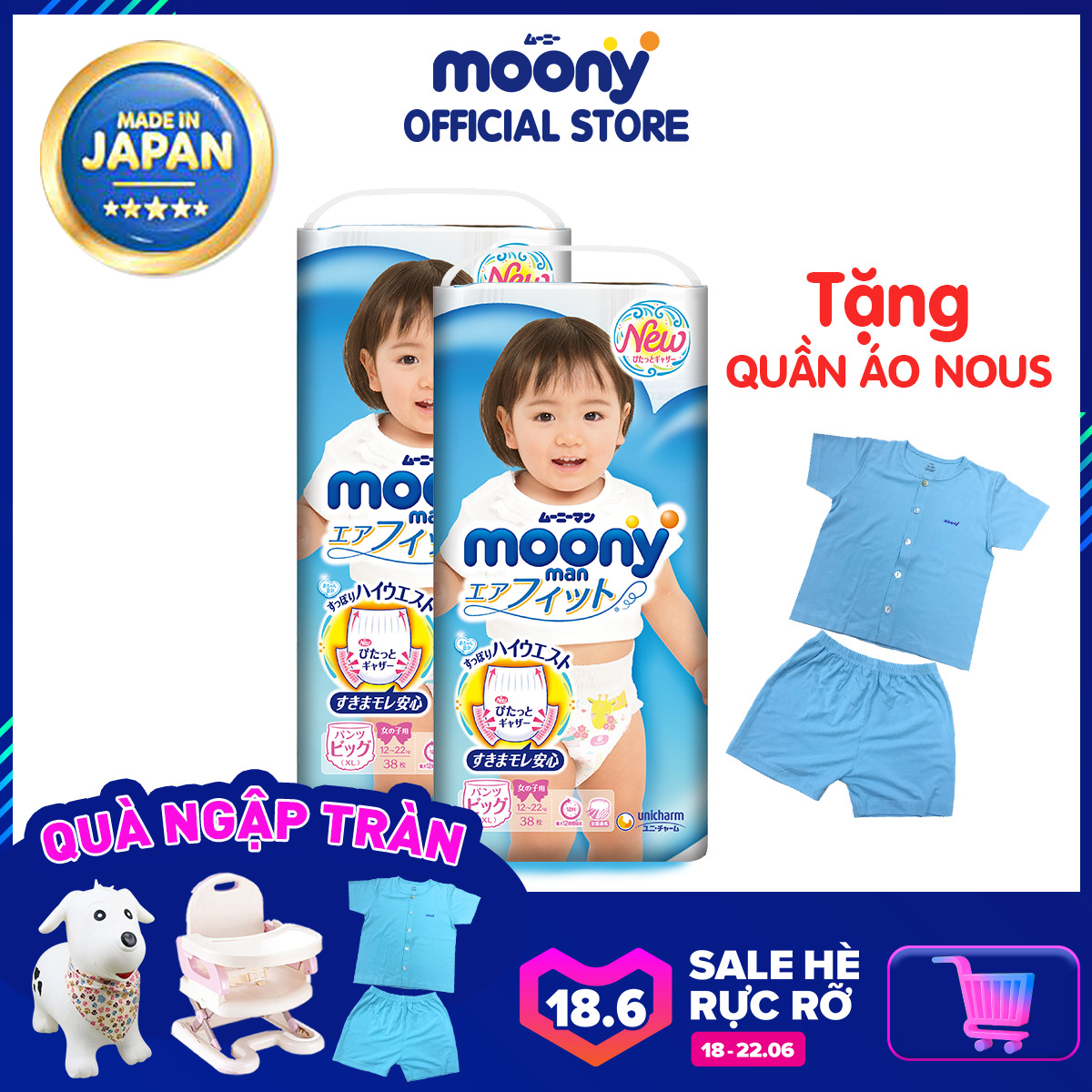 Combo 2 tã-bỉm quần cho bé gái Moony XL38
